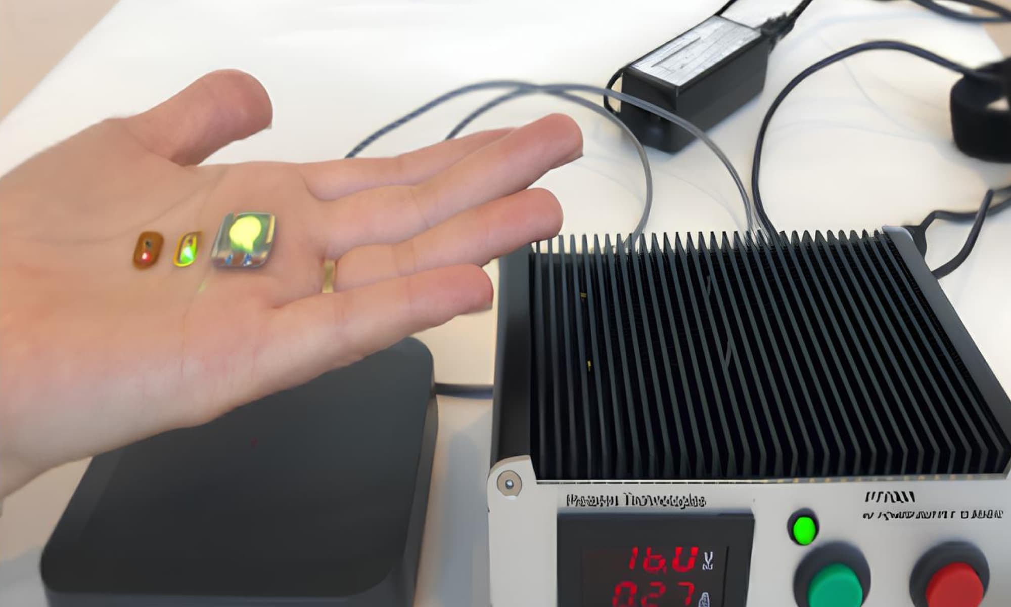 10cmサイズのワイヤレス送電台上で発光しているLED、有機EL